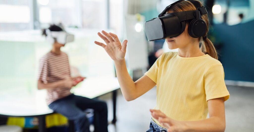 Young female in VR glasses standing in light room and testing new device